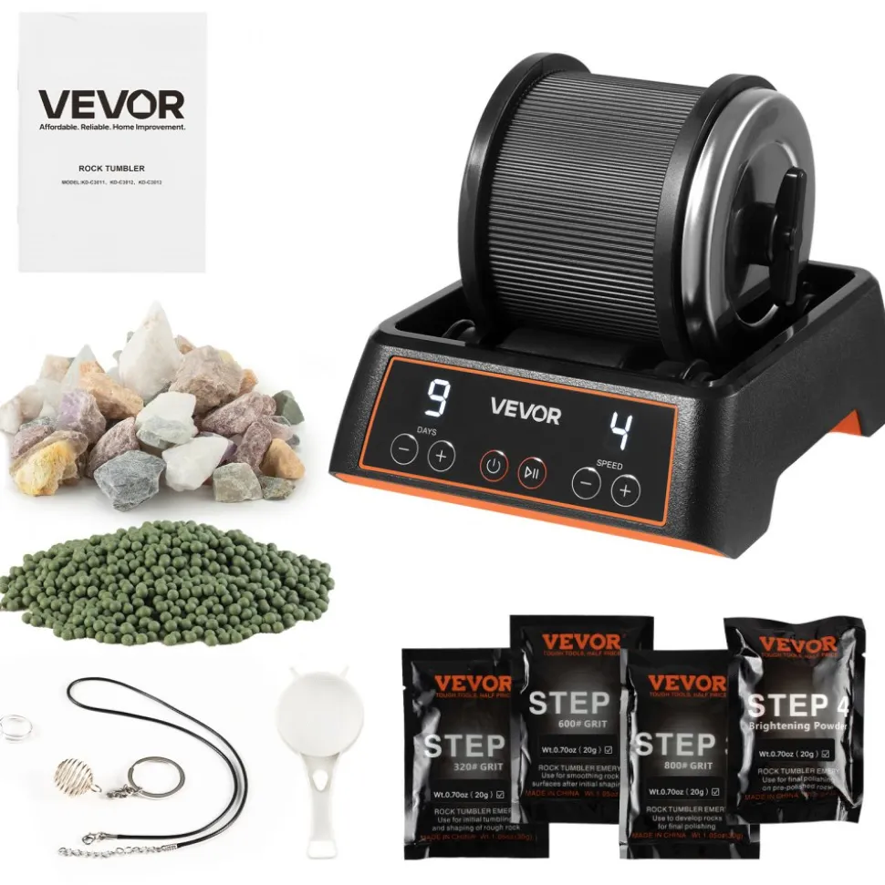 VEVOR Rock Tumbler, 1 lb Rock Polishing Machine, Rocks Tumbling Kit with 4-Speed Adjustment, 1–9 Day Timer, Direct Drive Motor Rocks Polishing Kit for Rose Quartz, Amethyst, Quiet Operation