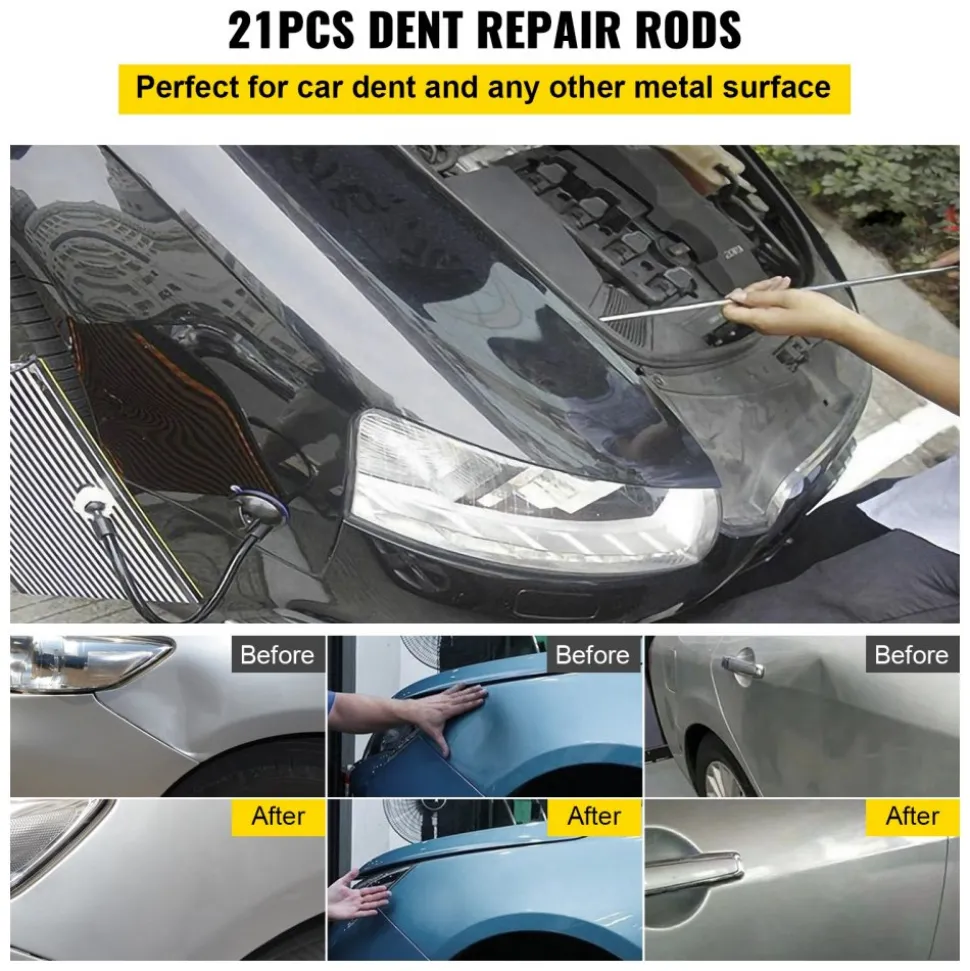VEVOR Rods Dent Removal Kit, 21 Pcs Paintless Dent Repair Rods, Stainless Steel Dent Rods, Whale Tail Dent Repair Tools, Professional Hail Dent Removal Tool For Minor Dents, Door Dings And Hail Damage