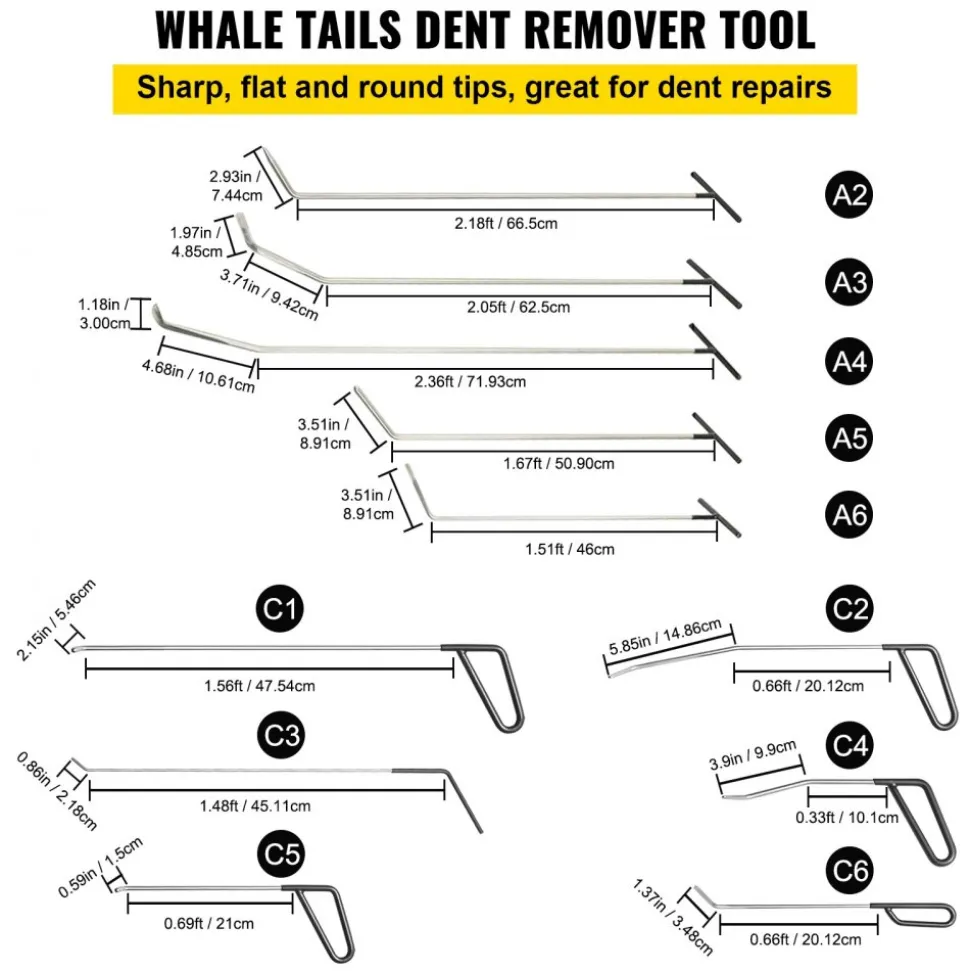 VEVOR Rods Dent Removal Kit, 21 Pcs Paintless Dent Repair Rods, Stainless Steel Dent Rods, Whale Tail Dent Repair Tools, Professional Hail Dent Removal Tool For Minor Dents, Door Dings And Hail Damage