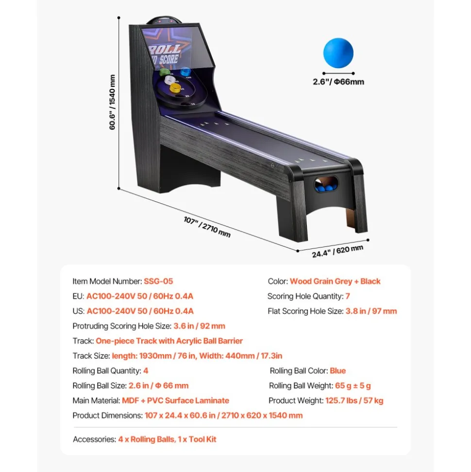 VEVOR 9' Roll and Score Classic Arcade Game Table, with LED Electronic Scorer & Track Lighting, Sound, Automatic Ball Return, Adults Kids Home Recreation Game Room, 4 Balls Included