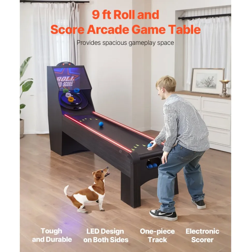 VEVOR 9' Roll and Score Classic Arcade Game Table, with LED Electronic Scorer & Track Lighting, Sound, Automatic Ball Return, Adults Kids Home Recreation Game Room, 4 Balls Included