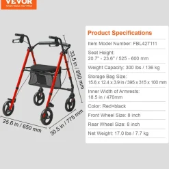 VEVOR Rollator Walker for Seniors and Adult, Lightweight Aluminum Foldable Rolling Walker with Adjustable Seat and Handle, Outdoor Mobility Rollator Walker with 8