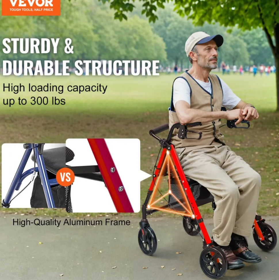 VEVOR Rollator Walker for Seniors and Adult, Lightweight Aluminum Foldable Rolling Walker with Adjustable Seat and Handle, Outdoor Mobility Rollator Walker with 8" All Terrain Wheels, 300LBS Capacity