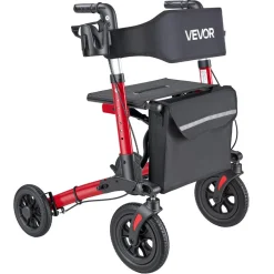 VEVOR Rollator Walker with Seat for Seniors, Ultra Compact 3-Fold Rolling Walker, Lightweight Aluminum Mobility Walking Aid with PU Solid Wheels, Adjustable Handle, Cup & Cane Holder - Supports 300LBS