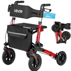 VEVOR Rollator Walker with Seat for Seniors, Ultra Compact 3-Fold Rolling Walker, Lightweight Aluminum Mobility Walking Aid with PU Solid Wheels, Adjustable Handle, Cup & Cane Holder - Supports 300LBS