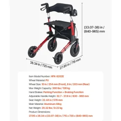 VEVOR Rollator Walker with Seat for Seniors, Ultra Compact 3-Fold Rolling Walker, Lightweight Aluminum Mobility Walking Aid with PU Solid Wheels, Adjustable Handle, Cup & Cane Holder - Supports 300LBS