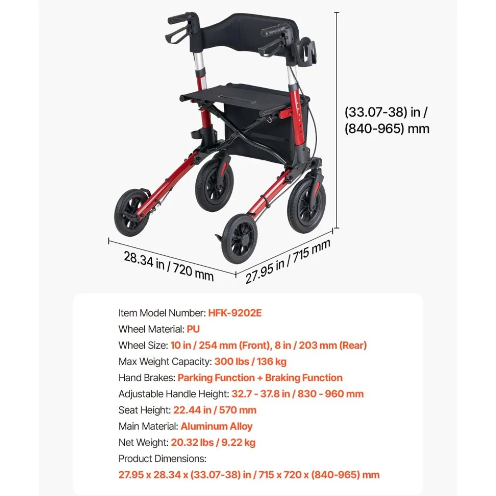 VEVOR Rollator Walker with Seat for Seniors, Ultra Compact 3-Fold Rolling Walker, Lightweight Aluminum Mobility Walking Aid with PU Solid Wheels, Adjustable Handle, Cup & Cane Holder - Supports 300LBS