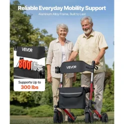 VEVOR Rollator Walker with Seat for Seniors, Ultra Compact 3-Fold Rolling Walker, Lightweight Aluminum Mobility Walking Aid with PU Solid Wheels, Adjustable Handle, Cup & Cane Holder - Supports 300LBS