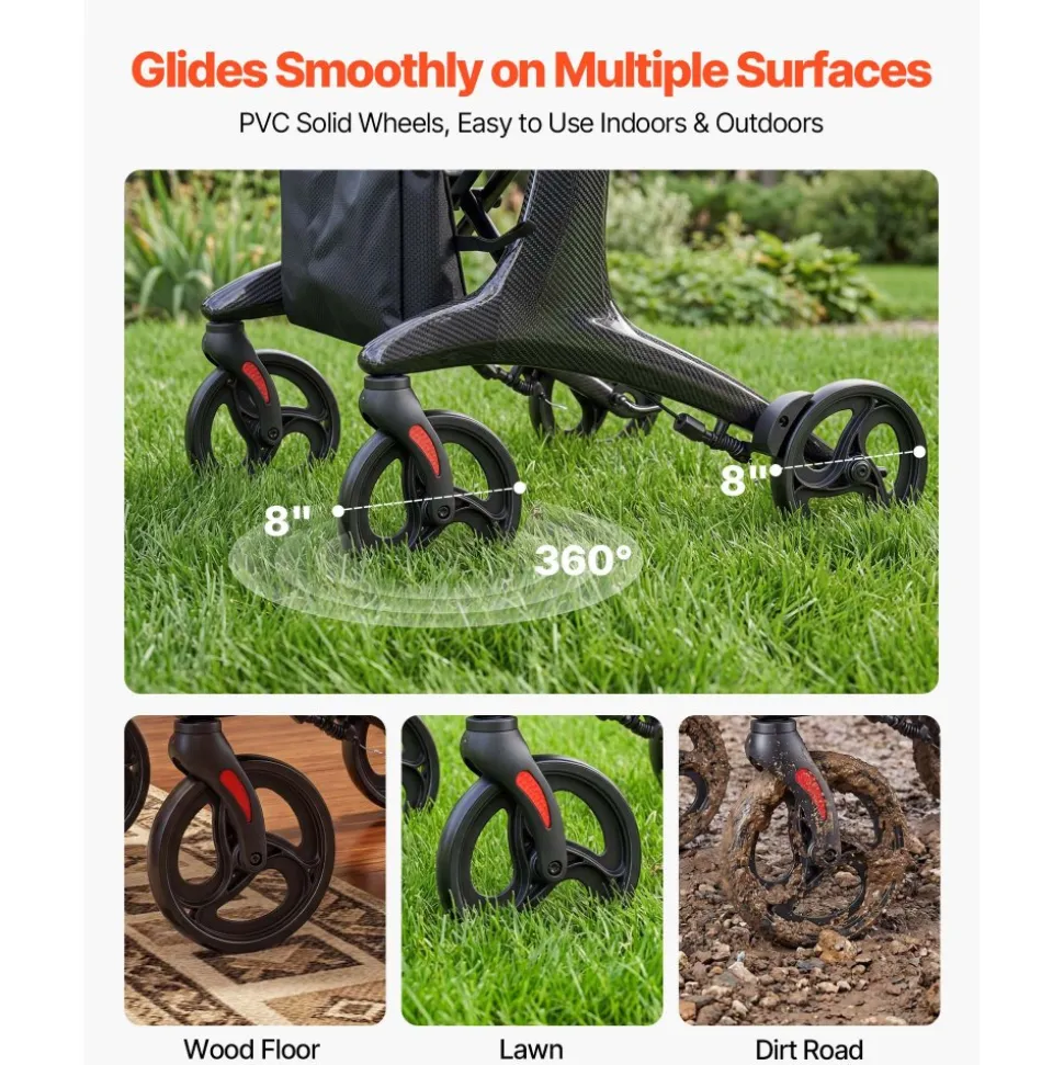 VEVOR Rollator Walker with Seat for Seniors, Foldable Lightweight Rolling Walker, Carbon Fiber Mobility Walking Aid with 8" Solid PVC Wheels and Adjustable Handle - Supports up to 300LBS
