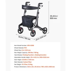 VEVOR Rollator Walker with Seat for Seniors, Foldable Lightweight Rolling Walker, Carbon Fiber Mobility Walking Aid with 8