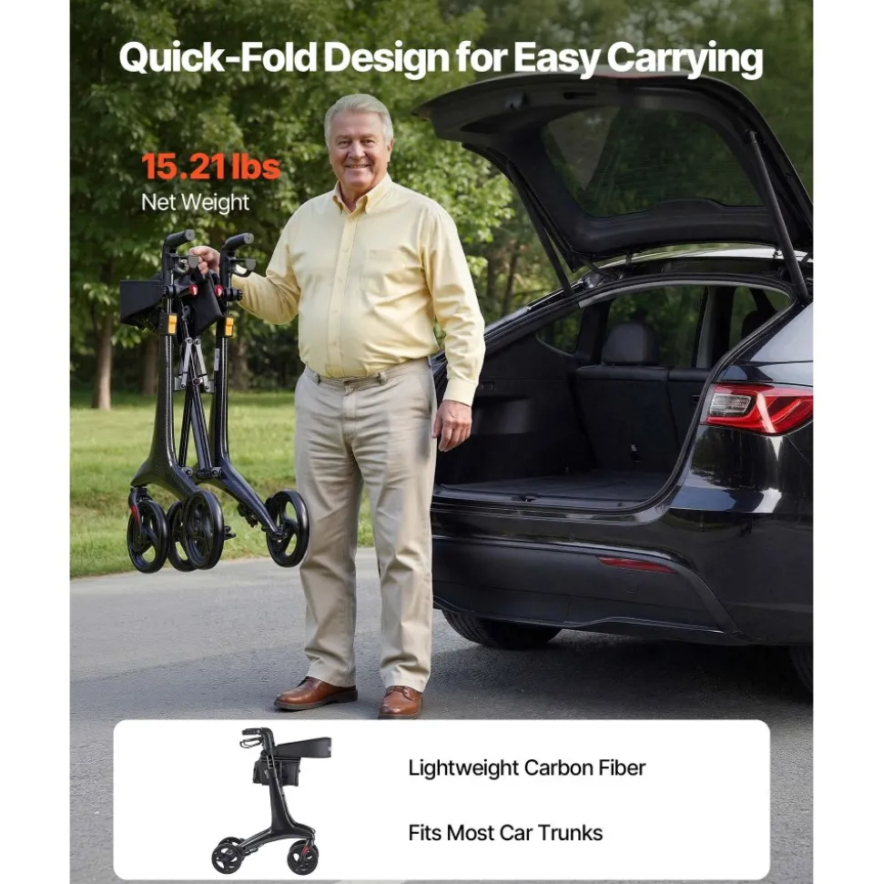 VEVOR Rollator Walker with Seat for Seniors, Foldable Lightweight Rolling Walker, Carbon Fiber Mobility Walking Aid with 8" Solid PVC Wheels and Adjustable Handle - Supports up to 300LBS