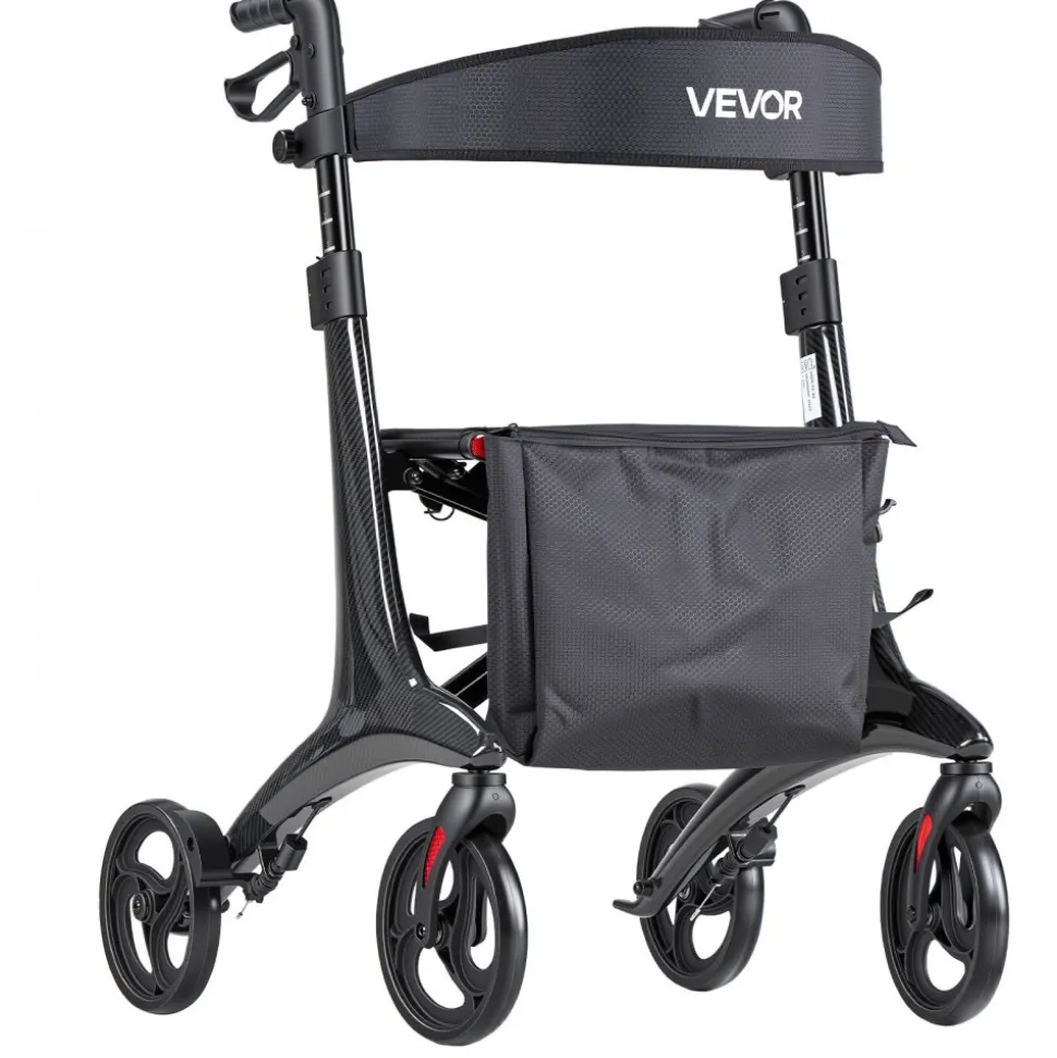 VEVOR Rollator Walker with Seat for Seniors, Foldable Lightweight Rolling Walker, Carbon Fiber Mobility Walking Aid with 8" Solid PVC Wheels and Adjustable Handle - Supports up to 300LBS