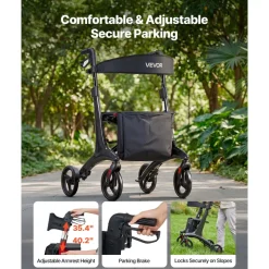 VEVOR Rollator Walker with Seat for Seniors, Foldable Lightweight Rolling Walker, Carbon Fiber Mobility Walking Aid with 8