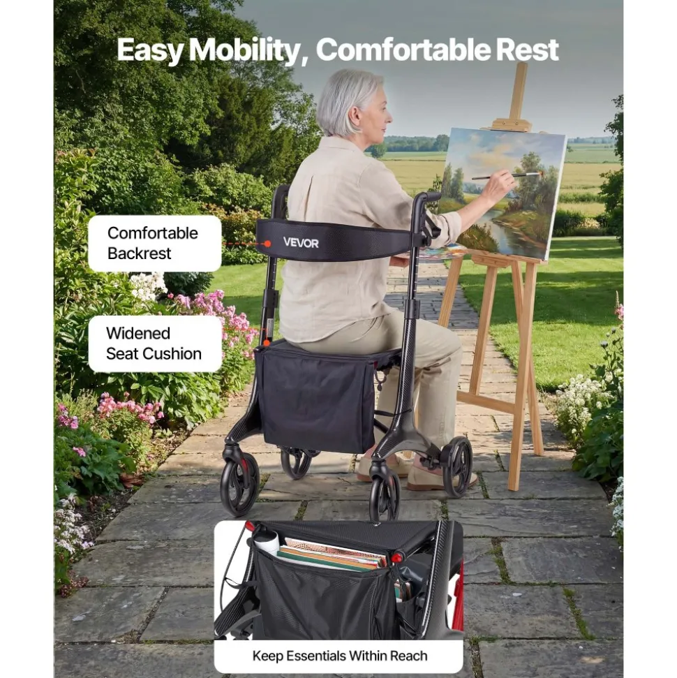 VEVOR Rollator Walker with Seat for Seniors, Foldable Lightweight Rolling Walker, Carbon Fiber Mobility Walking Aid with 8" Solid PVC Wheels and Adjustable Handle - Supports up to 300LBS
