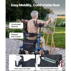 VEVOR Rollator Walker with Seat for Seniors, Foldable Rolling Walker, Lightweight Aluminum Mobility Walking Aid with PU Solid Wheels, Adjustable Handle, Storage Bag, Cup/Cane Holder - Supports 300LBS