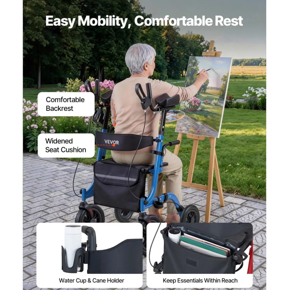 VEVOR Rollator Walker with Seat for Seniors, Foldable Rolling Walker, Lightweight Aluminum Mobility Walking Aid with PU Solid Wheels, Adjustable Handle, Storage Bag, Cup/Cane Holder - Supports 300LBS