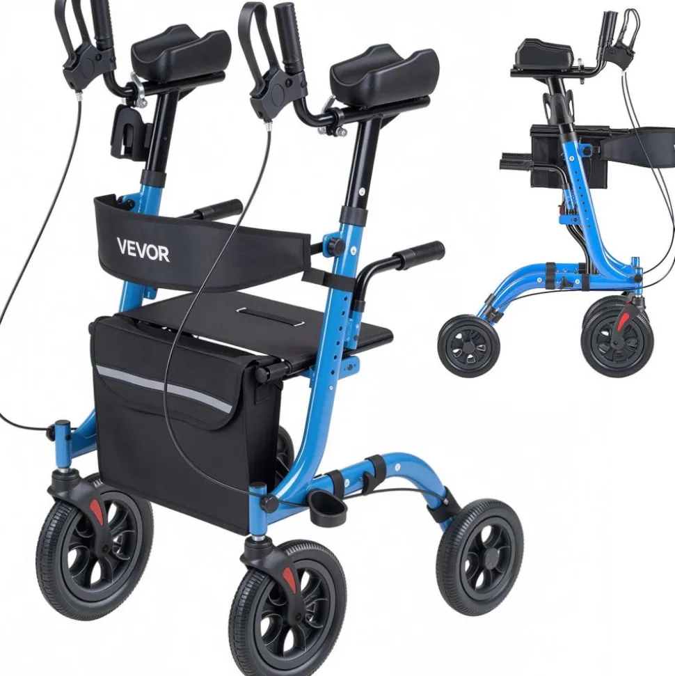 VEVOR Rollator Walker with Seat for Seniors, Foldable Rolling Walker, Lightweight Aluminum Mobility Walking Aid with PU Solid Wheels, Adjustable Handle, Storage Bag, Cup/Cane Holder - Supports 300LBS