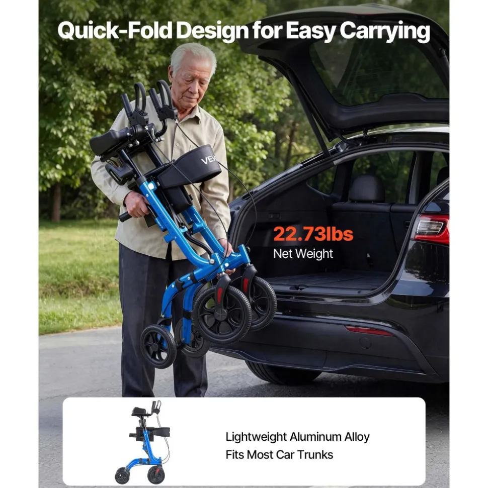 VEVOR Rollator Walker with Seat for Seniors, Foldable Rolling Walker, Lightweight Aluminum Mobility Walking Aid with PU Solid Wheels, Adjustable Handle, Storage Bag, Cup/Cane Holder - Supports 300LBS