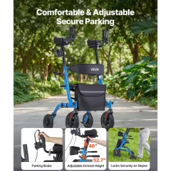 VEVOR Rollator Walker with Seat for Seniors, Foldable Rolling Walker, Lightweight Aluminum Mobility Walking Aid with PU Solid Wheels, Adjustable Handle, Storage Bag, Cup/Cane Holder - Supports 300LBS