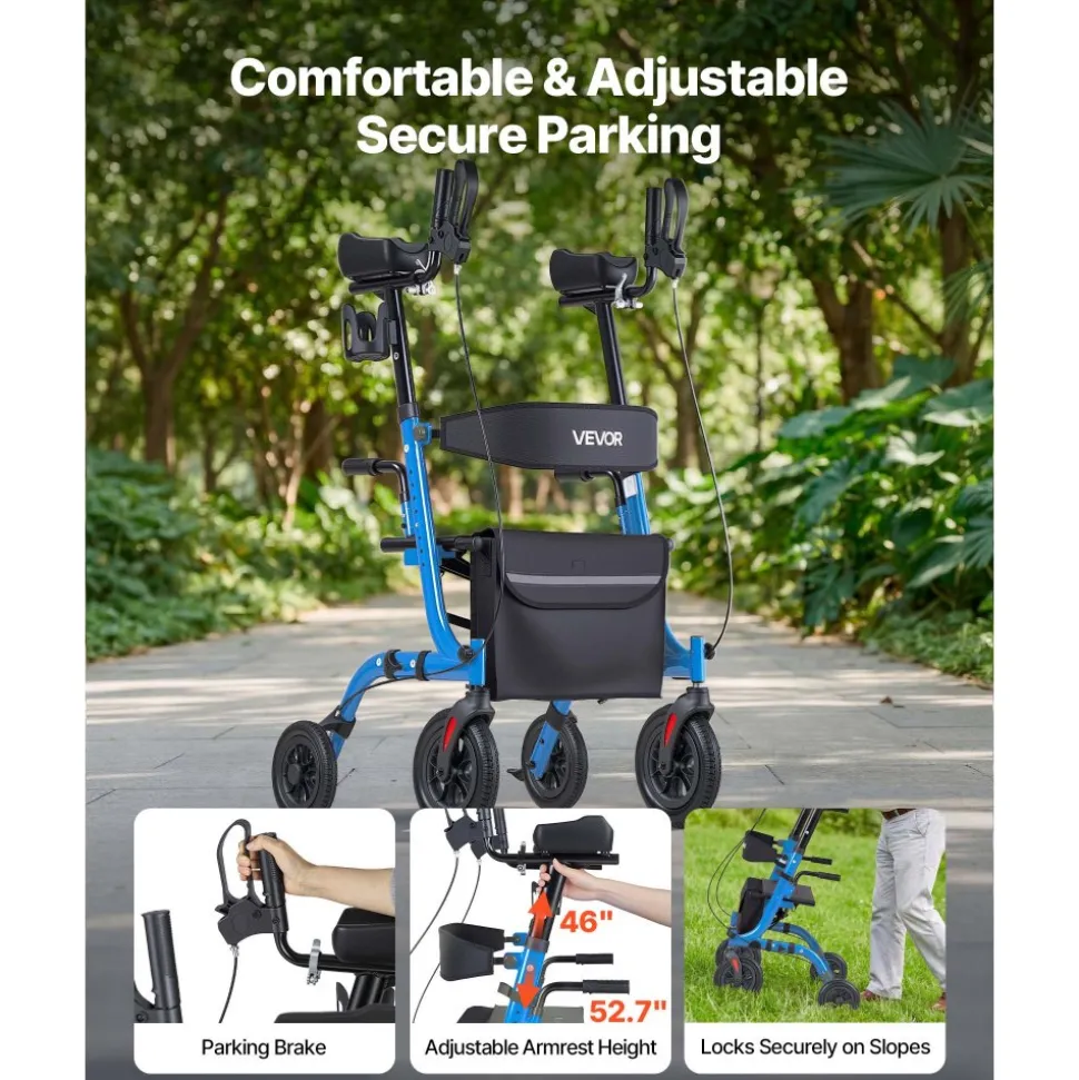 VEVOR Rollator Walker with Seat for Seniors, Foldable Rolling Walker, Lightweight Aluminum Mobility Walking Aid with PU Solid Wheels, Adjustable Handle, Storage Bag, Cup/Cane Holder - Supports 300LBS