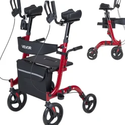 VEVOR Rollator Walker with Seat for Seniors, Foldable Rolling Walker, Lightweight Aluminum Mobility Walking Aid with PVC Solid Wheels, Adjustable Handle, Storage Bag, Cup/Cane Holder - Supports 300LBS