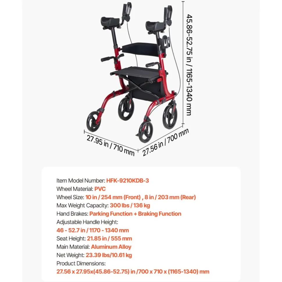 VEVOR Rollator Walker with Seat for Seniors, Foldable Rolling Walker, Lightweight Aluminum Mobility Walking Aid with PVC Solid Wheels, Adjustable Handle, Storage Bag, Cup/Cane Holder - Supports 300LBS