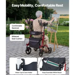 VEVOR Rollator Walker with Seat for Seniors, Foldable Rolling Walker, Lightweight Aluminum Mobility Walking Aid with PVC Solid Wheels, Adjustable Handle, Storage Bag, Cup/Cane Holder - Supports 300LBS