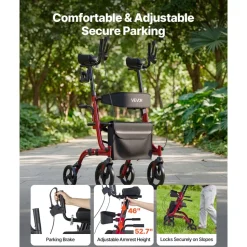 VEVOR Rollator Walker with Seat for Seniors, Foldable Rolling Walker, Lightweight Aluminum Mobility Walking Aid with PVC Solid Wheels, Adjustable Handle, Storage Bag, Cup/Cane Holder - Supports 300LBS