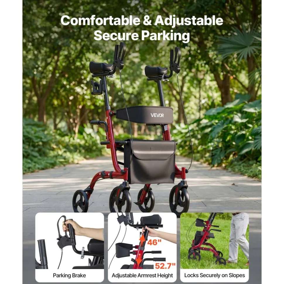 VEVOR Rollator Walker with Seat for Seniors, Foldable Rolling Walker, Lightweight Aluminum Mobility Walking Aid with PVC Solid Wheels, Adjustable Handle, Storage Bag, Cup/Cane Holder - Supports 300LBS