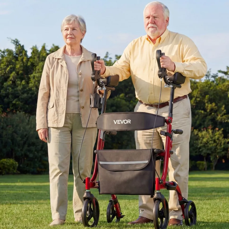 VEVOR Rollator Walker with Seat for Seniors, Foldable Rolling Walker, Lightweight Aluminum Mobility Walking Aid with PVC Solid Wheels, Adjustable Handle, Storage Bag, Cup/Cane Holder - Supports 300LBS