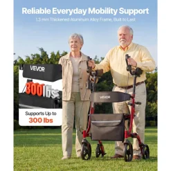 VEVOR Rollator Walker with Seat for Seniors, Foldable Rolling Walker, Lightweight Aluminum Mobility Walking Aid with PVC Solid Wheels, Adjustable Handle, Storage Bag, Cup/Cane Holder - Supports 300LBS