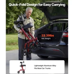 VEVOR Rollator Walker with Seat for Seniors, Foldable Rolling Walker, Lightweight Aluminum Mobility Walking Aid with PVC Solid Wheels, Adjustable Handle, Storage Bag, Cup/Cane Holder - Supports 300LBS