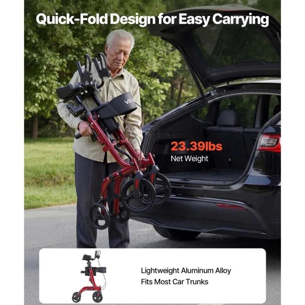 VEVOR Rollator Walker with Seat for Seniors, Foldable Rolling Walker, Lightweight Aluminum Mobility Walking Aid with PVC Solid Wheels, Adjustable Handle, Storage Bag, Cup/Cane Holder - Supports 300LBS