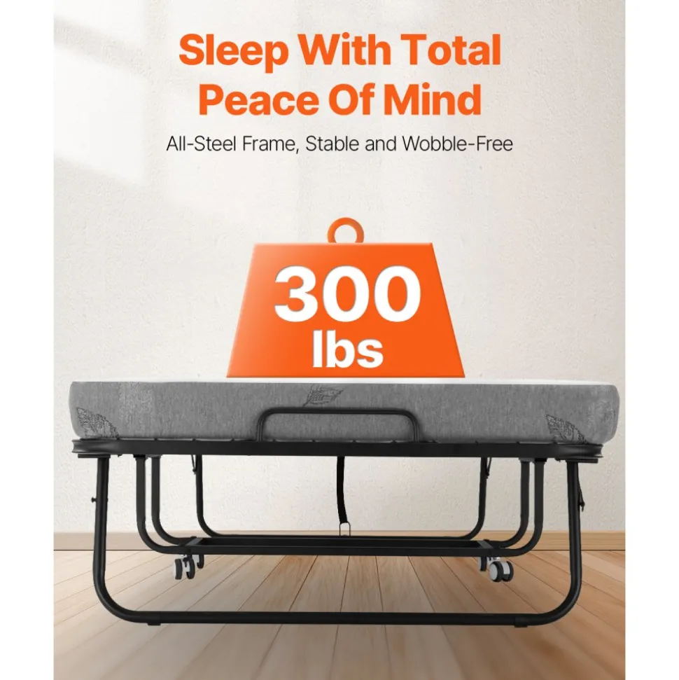 VEVOR Rollaway Bed, 38 in x 75 in Folding Bed with 4 in Mattress, Twin Size Foldable Bed with Sturdy Metal Frame & Memory Foam Mattress, Portable Twin Roll Away Bed with Mattress, for Adults, Guest