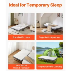 VEVOR Rollaway Bed, 38 in x 75 in Folding Bed with 4 in Mattress, Twin Size Foldable Bed with Sturdy Metal Frame & Memory Foam Mattress, Portable Twin Roll Away Bed with Mattress, for Adults, Guest
