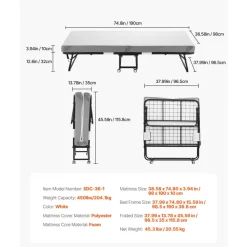 VEVOR Rollaway Bed, 38 in x 75 in Folding Bed with 4 in Mattress, Twin Size Foldable Bed with Sturdy Metal Frame & Memory Foam Mattress, Portable Twin Roll Away Bed with Mattress, for Adults, Guest