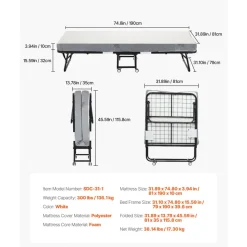 VEVOR Rollaway Bed, 31 in x 75 in Folding Bed with 4 in Mattress, Twin Size Foldable Bed with Sturdy Metal Frame & Memory Foam Mattress, Portable Twin Roll Away Bed with Mattress, for Adults, Guest
