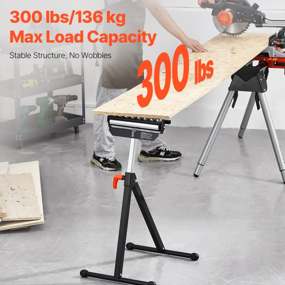 VEVOR Roller Stand, 300 lb Load Capacity, 26.8-42.5 in Adjustable Height, Folding Heavy Duty with 11.5 inch Polished Multi-directional Roller Head, for Table Saw Outfeed Woodworking Extension Support