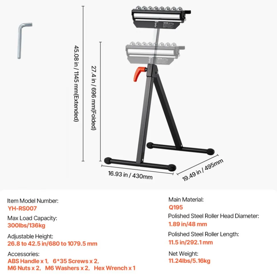 VEVOR Roller Stand, 300 lb Load Capacity, 26.8-42.5 in Adjustable Height, Folding Heavy Duty with 11.5 inch Polished Multi-directional Roller Head, for Table Saw Outfeed Woodworking Extension Support