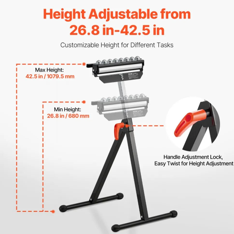 VEVOR Roller Stand, 300 lb Load Capacity, 26.8-42.5 in Adjustable Height, Folding Heavy Duty with 11.5 inch Polished Multi-directional Roller Head, for Table Saw Outfeed Woodworking Extension Support