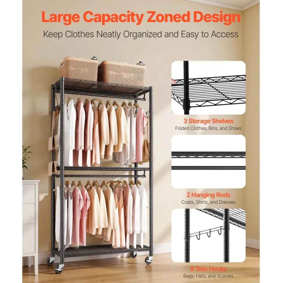 VEVOR Rolling Clothes Rack, Heavy Duty Clothing Garment Rack, 3 Adjustable Tiers Clothing Racks with Carbon Steel, 450 lbs Load Capacity Closet Wardrobe for Bedroom, Clothing Store, Hallway
