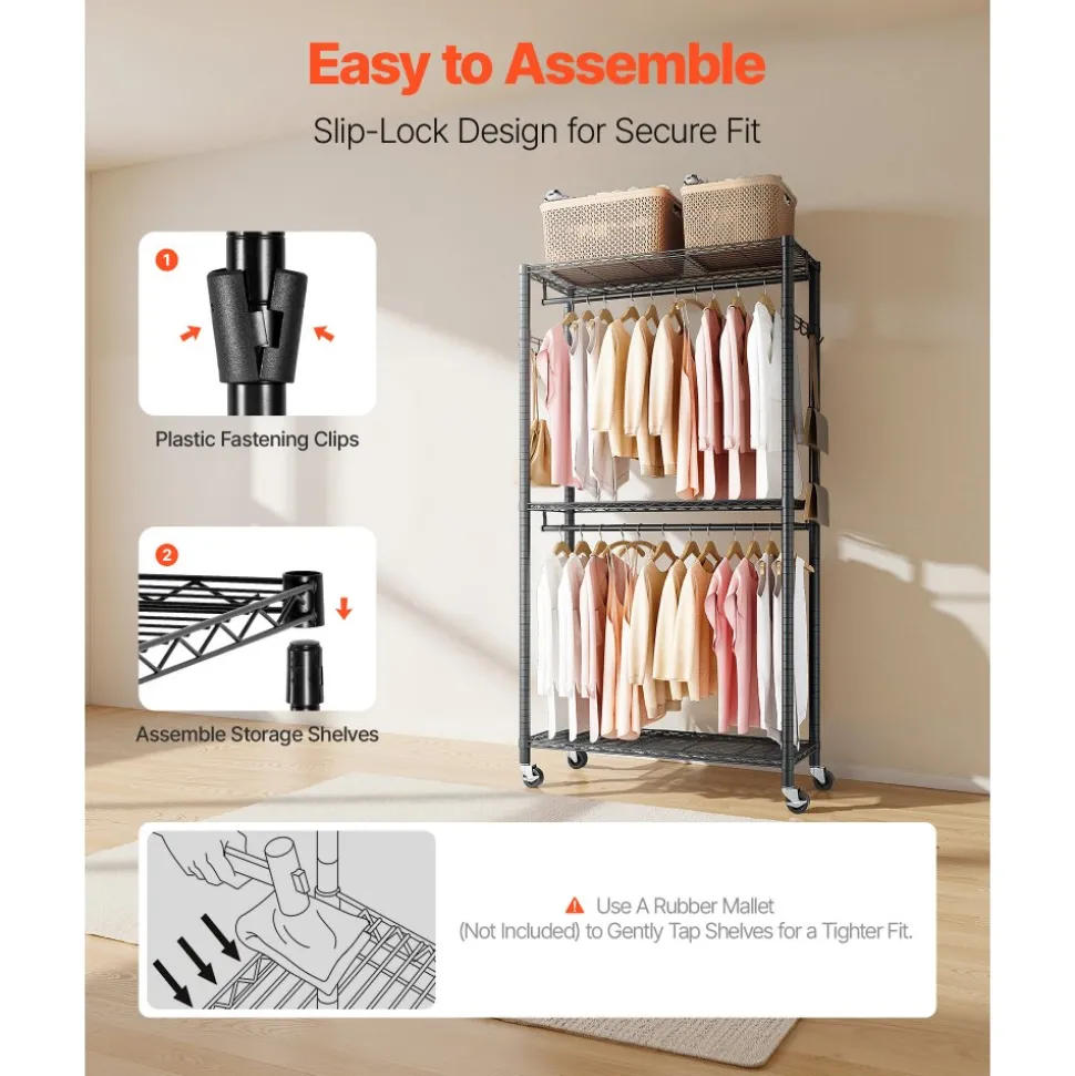 VEVOR Rolling Clothes Rack, Heavy Duty Clothing Garment Rack, 3 Adjustable Tiers Clothing Racks with Carbon Steel, 450 lbs Load Capacity Closet Wardrobe for Bedroom, Clothing Store, Hallway