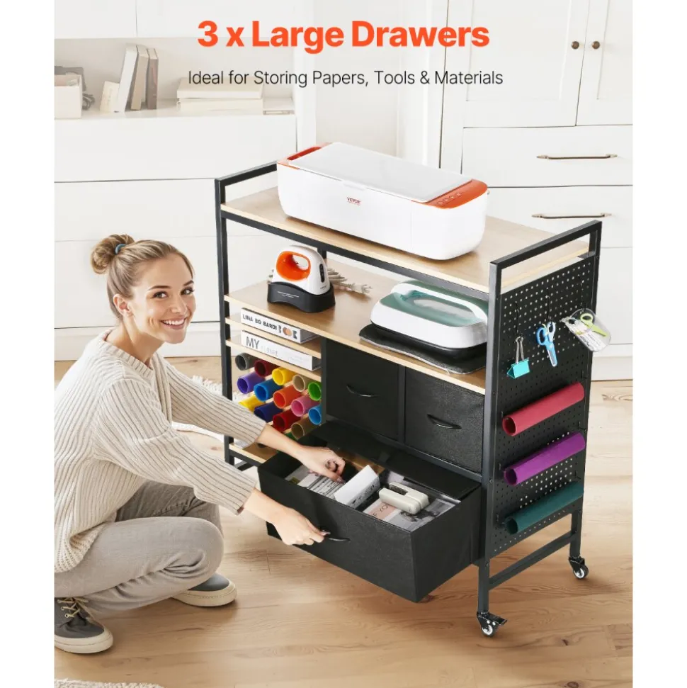 VEVOR Rolling Craft Cart and Storage Table, Compatible with Cricut Machines, Crafting Table Organization Workstation, Craft Rolling Storage Organizer with 20 Vinyl Roll Holders and 3 Drawers, Black