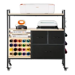 VEVOR Rolling Craft Cart and Storage Table, Compatible with Cricut Machines, Crafting Table Organization Workstation, Craft Rolling Storage Organizer with 20 Vinyl Roll Holders and 3 Drawers, Black