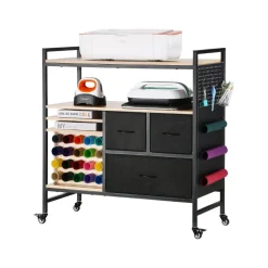 VEVOR Rolling Craft Cart and Storage Table, Compatible with Cricut Machines, Crafting Table Organization Workstation, Craft Rolling Storage Organizer with 20 Vinyl Roll Holders and 3 Drawers, Black