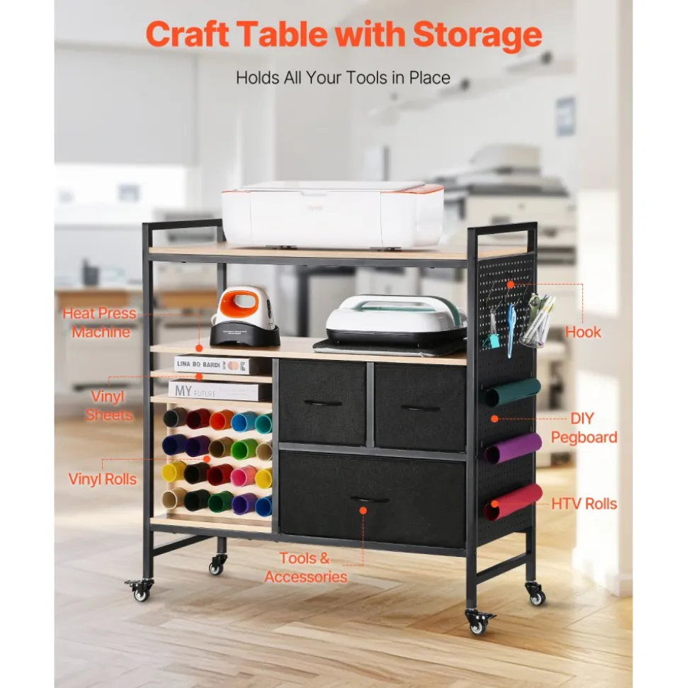 VEVOR Rolling Craft Cart and Storage Table, Compatible with Cricut Machines, Crafting Table Organization Workstation, Craft Rolling Storage Organizer with 20 Vinyl Roll Holders and 3 Drawers, Black