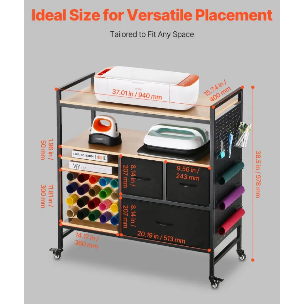 VEVOR Rolling Craft Cart and Storage Table, Compatible with Cricut Machines, Crafting Table Organization Workstation, Craft Rolling Storage Organizer with 20 Vinyl Roll Holders and 3 Drawers, Black