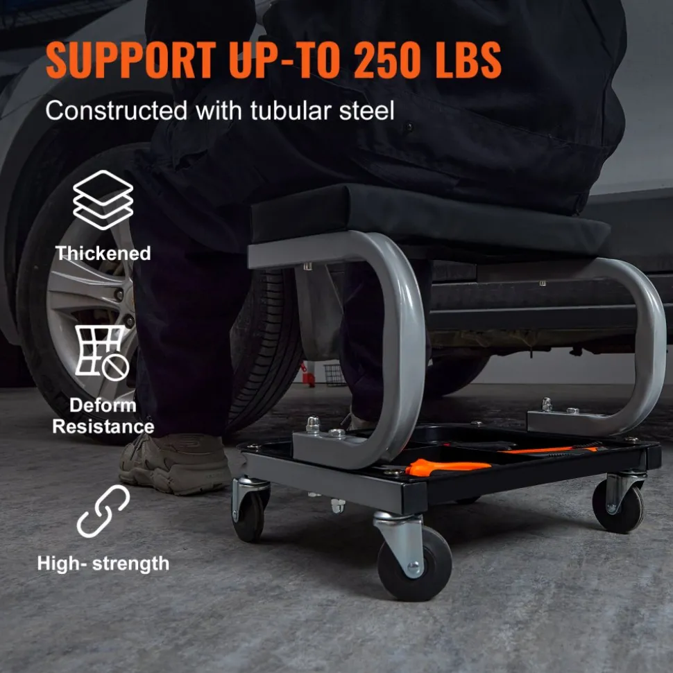 VEVOR Rolling Creeper Garage/Shop Seat, 250 LBS Capacity Padded Rolling Workshop Stool with Tool Tray Storage, Mechanic Stool for Garage, Shop, Auto Repair, Black