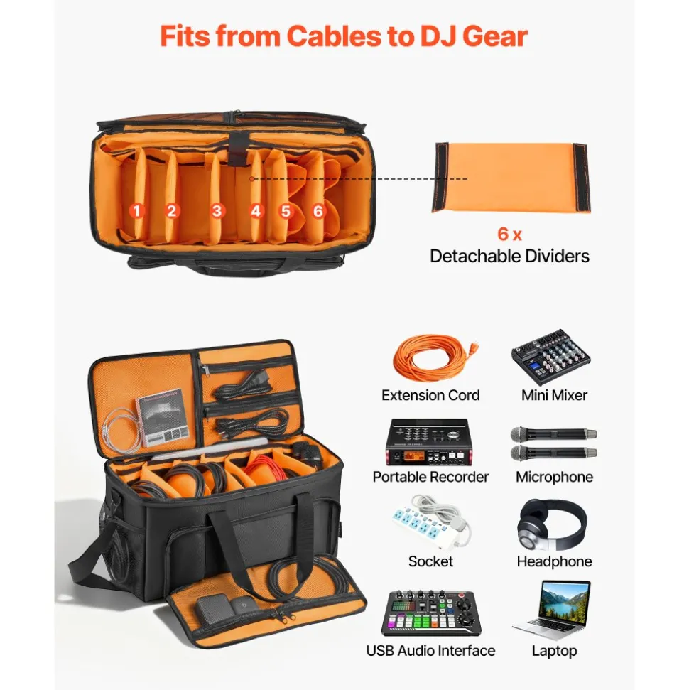 VEVOR Rolling DJ Cable Bag, 1680D, Padded File Gig Bag with Wheels, 6 Detachable Divider, Travel Storage Music Gear Case, for Professional DJ Gear, Musical Instrument and Accessories, Sound Equipment
