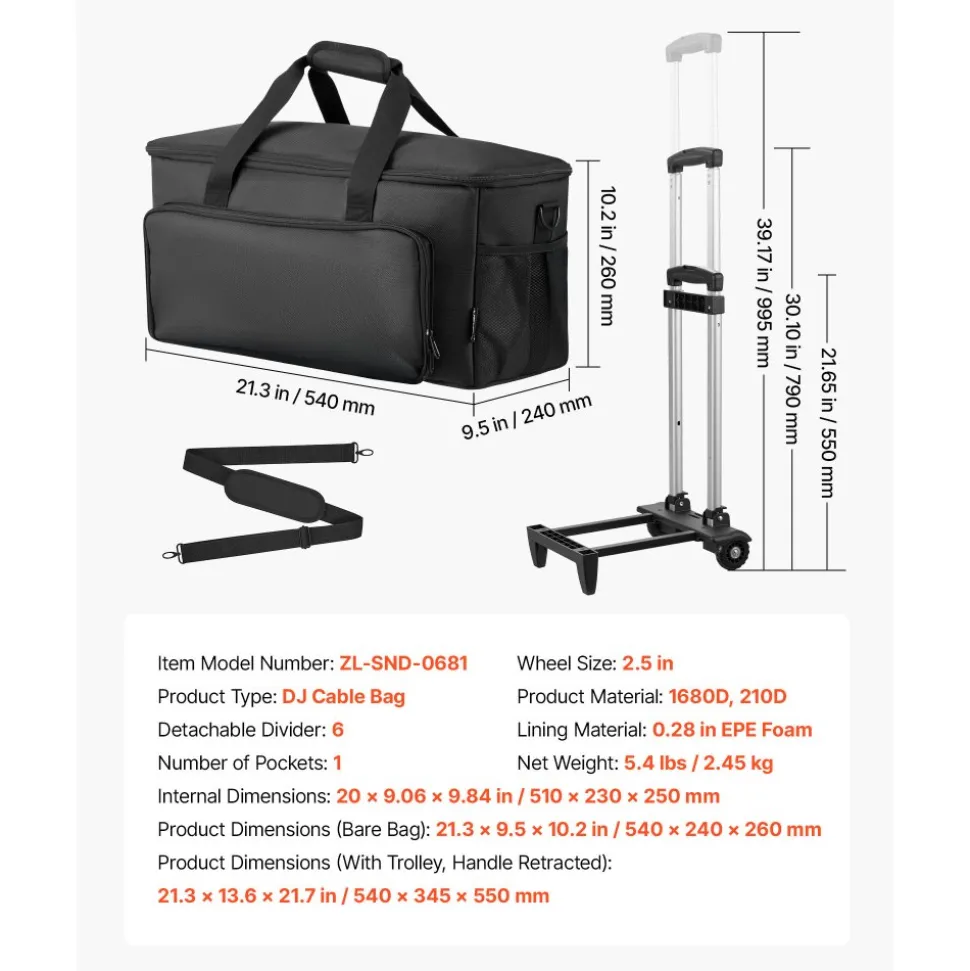 VEVOR Rolling DJ Cable Bag, 1680D, Padded File Gig Bag with Wheels, 6 Detachable Divider, Travel Storage Music Gear Case, for Professional DJ Gear, Musical Instrument and Accessories, Sound Equipment